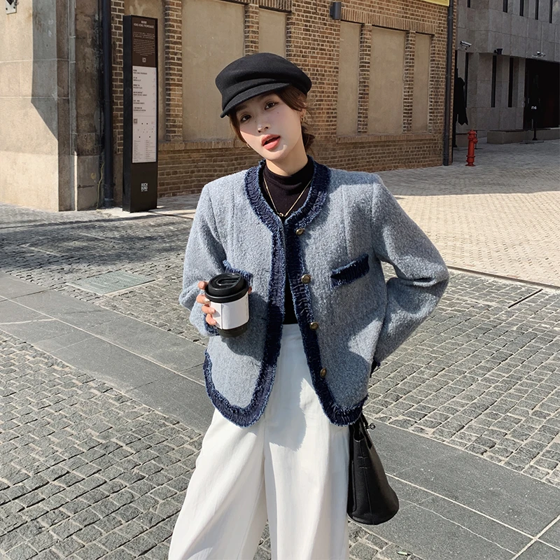 灰色高级感牛仔拼接毛呢外套女2025春季新款设计感小众短款呢大衣