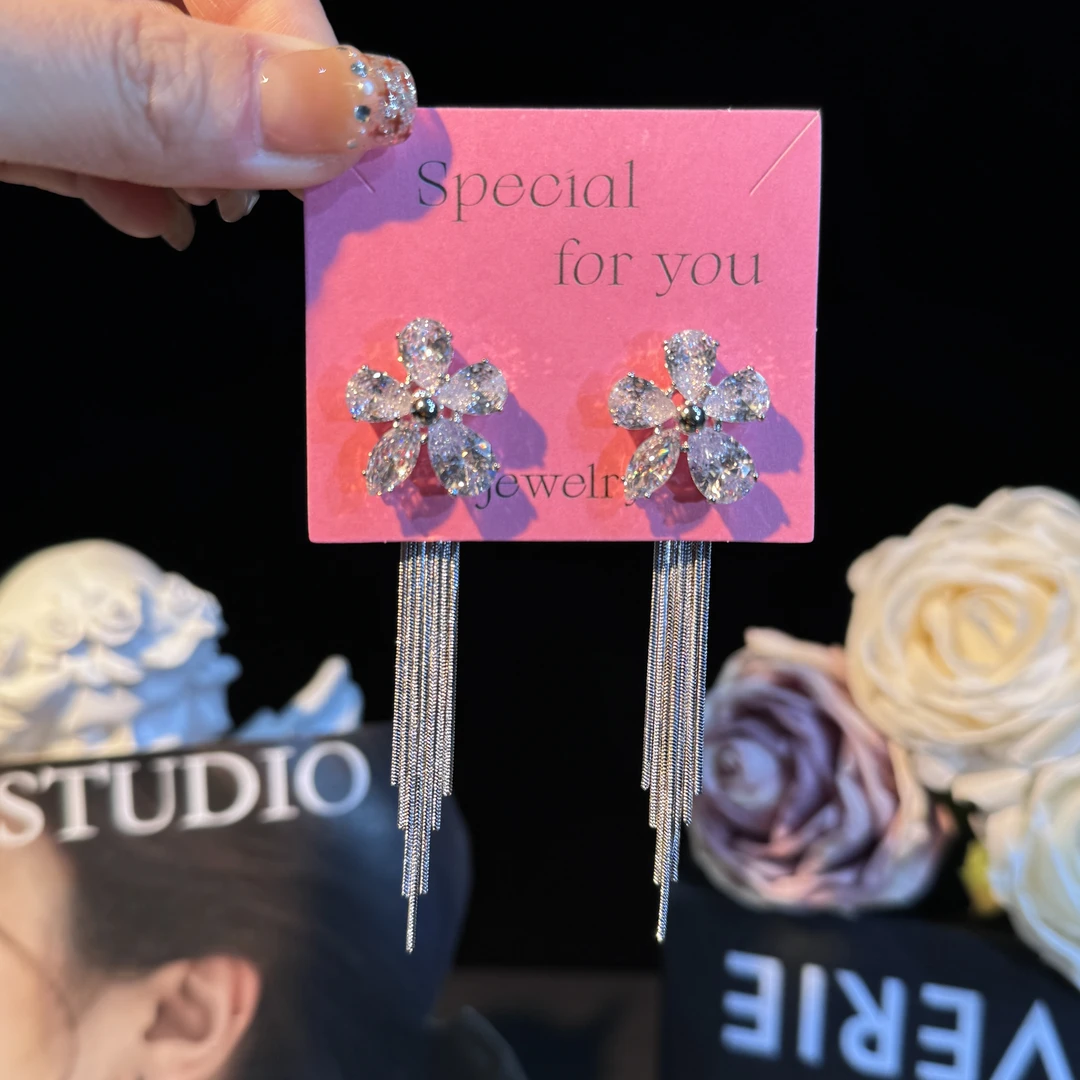 铜合金耳饰 怡宁】超闪锆石花朵长款流苏耳环气质时尚两戴精致耳钉