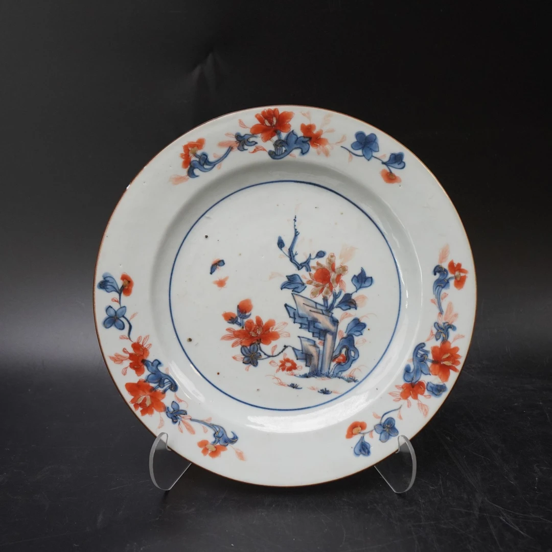Lot.25080621清康熙青花矾红描金花卉纹赏盘 直径：约22.8cm