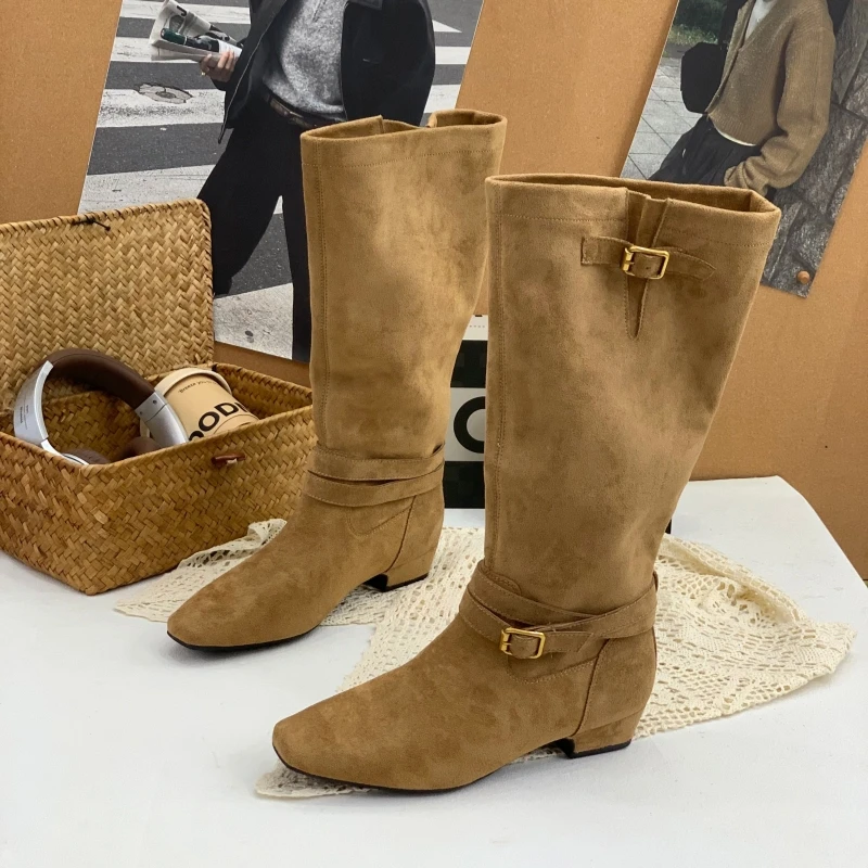 粗跟不过膝皮带扣长筒靴女2025秋冬显瘦西部牛仔靴套筒骑士时装靴