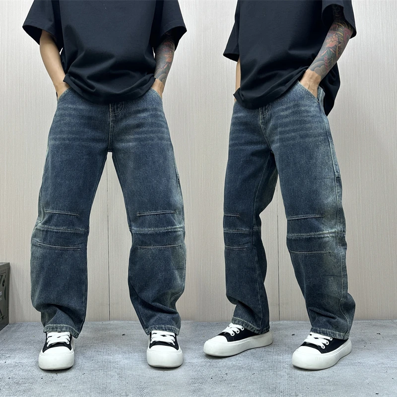 昊Studio秋季男士百搭水洗长裤男士古港风休闲日系秋季做旧牛仔裤