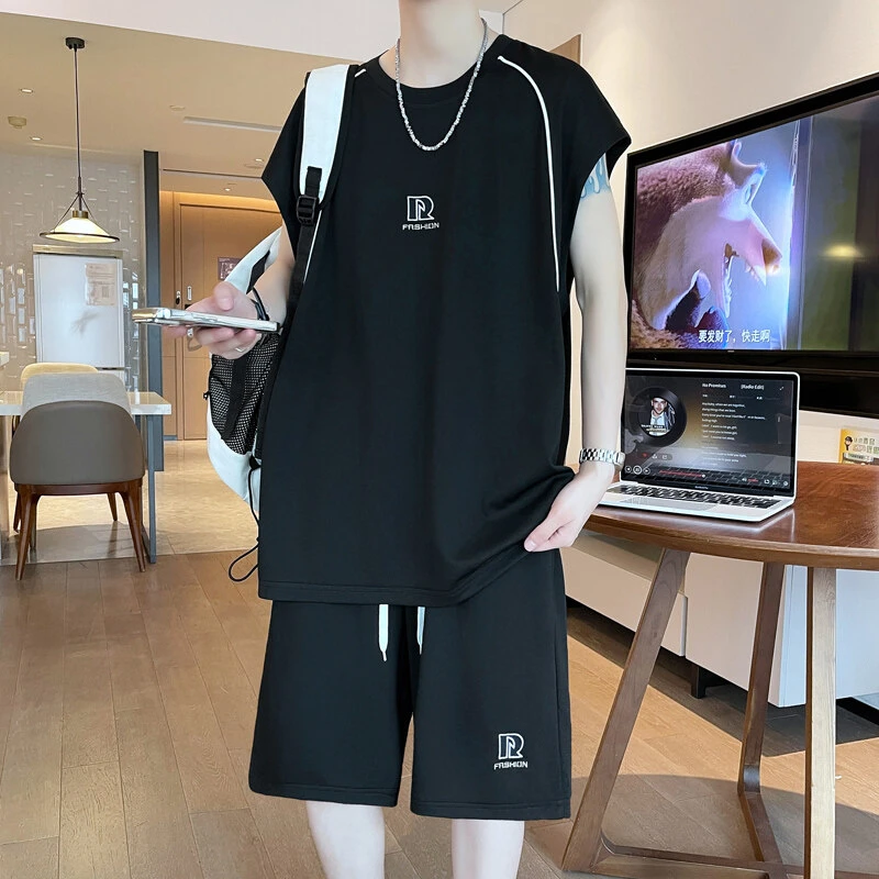 夏季薄款冰丝无袖休闲运动套装青少年学生薄款透气速干两件套男