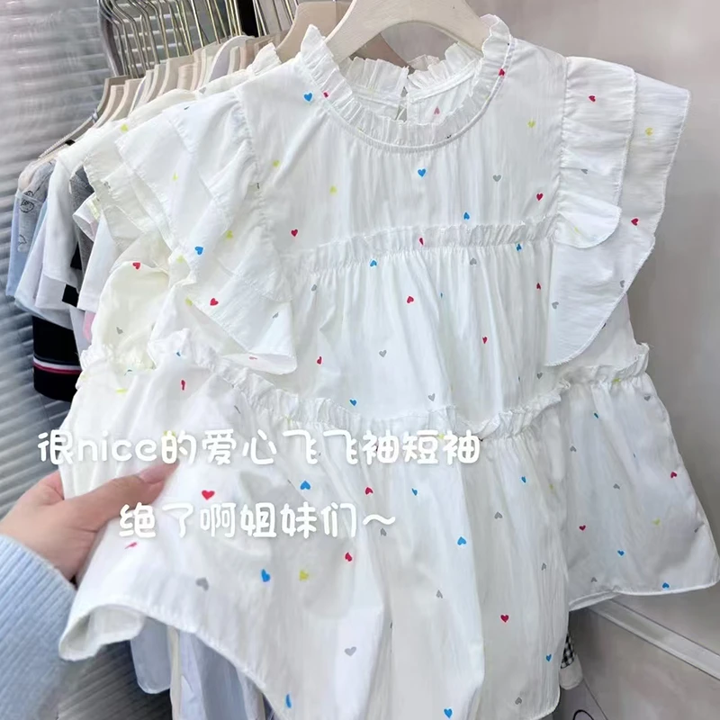 春夏季减龄小衫荷叶边皱褶飞飞袖T恤韩系法式甜美碎花短袖衬衫女