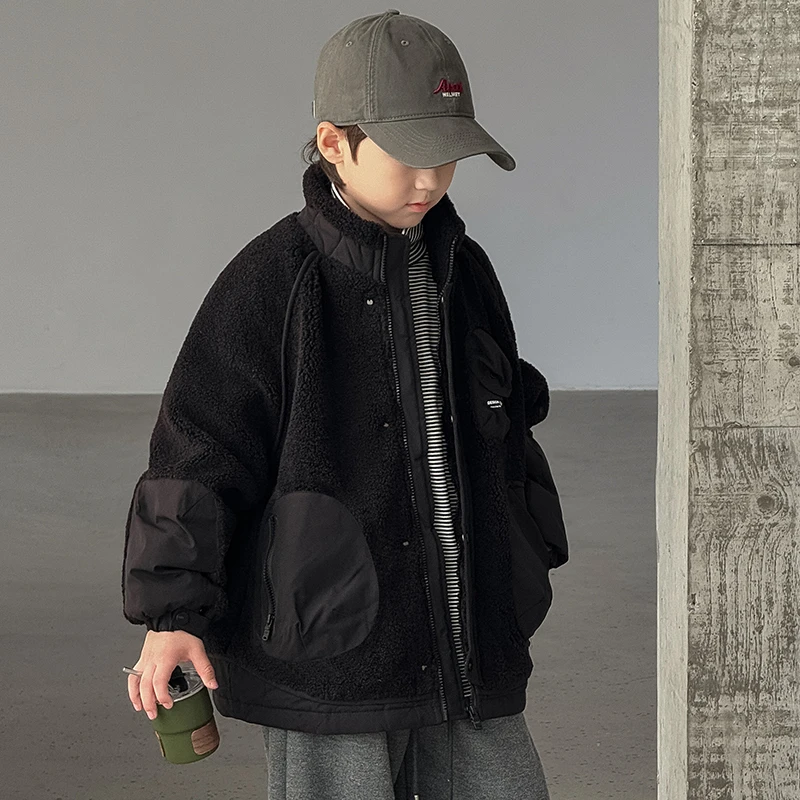 男童夹棉加厚毛毛外套2025秋冬新款中大童软糯休闲百搭保暖外套