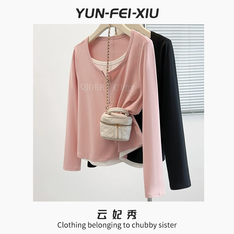 云妃秀大码女装针织衫百搭拼接假两件时尚显瘦微胖气质春季64099