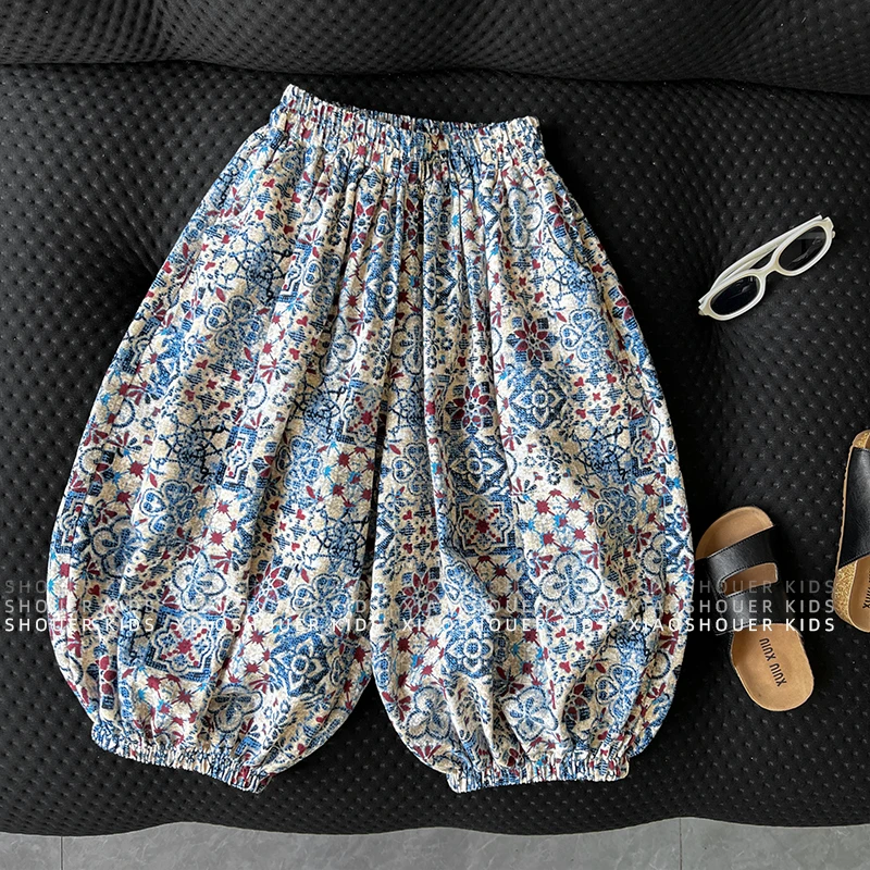 【小首尔】男女童时尚韩版洋气碎花裤子夏季宽松薄款九分裤HBB7657