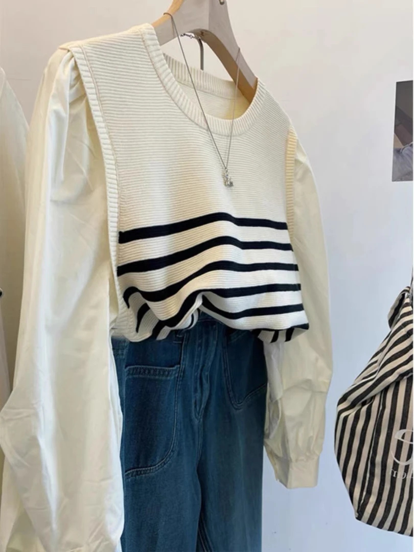 104 假两件针织衫女长袖条纹2024秋冬季新款法式小个子毛衣上衣