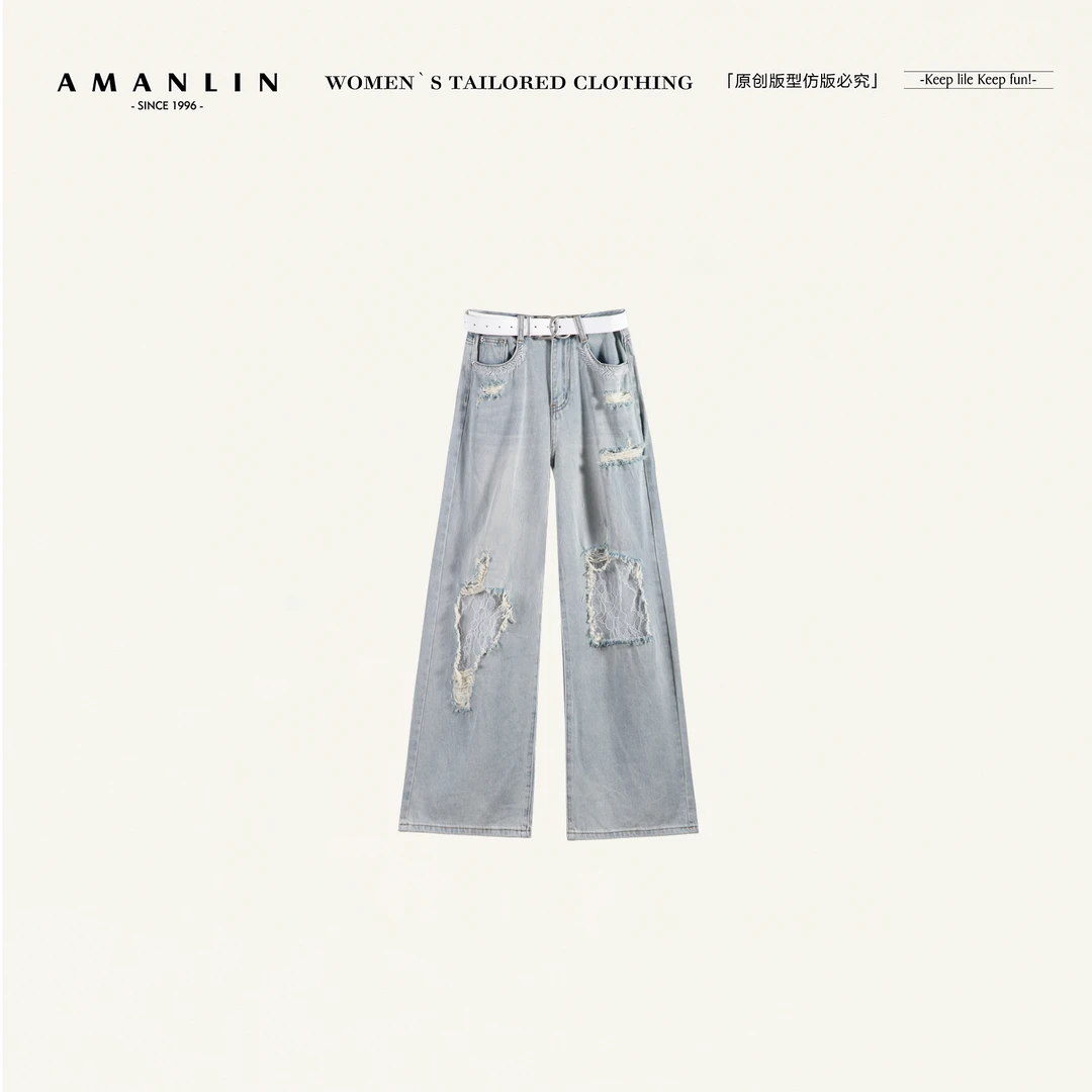 AMANLIN/阿谩琳欧若风春夏薄款高腰显瘦破洞阔腿牛仔裤女Y596857