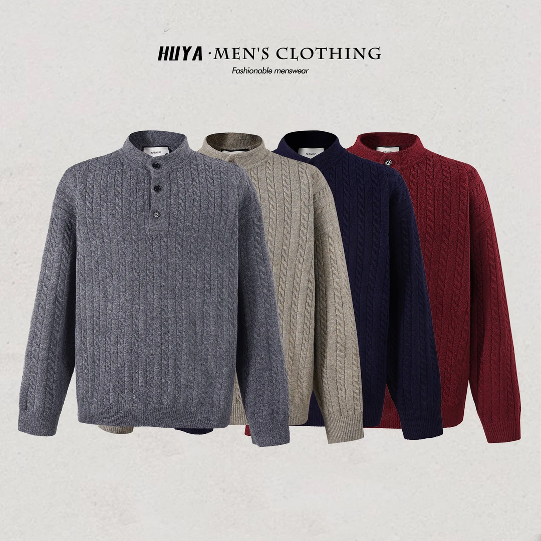 虎牙兄弟爆款针织衫男款2026冬聚热保暖三粒扣休闲打底毛衣DC1555