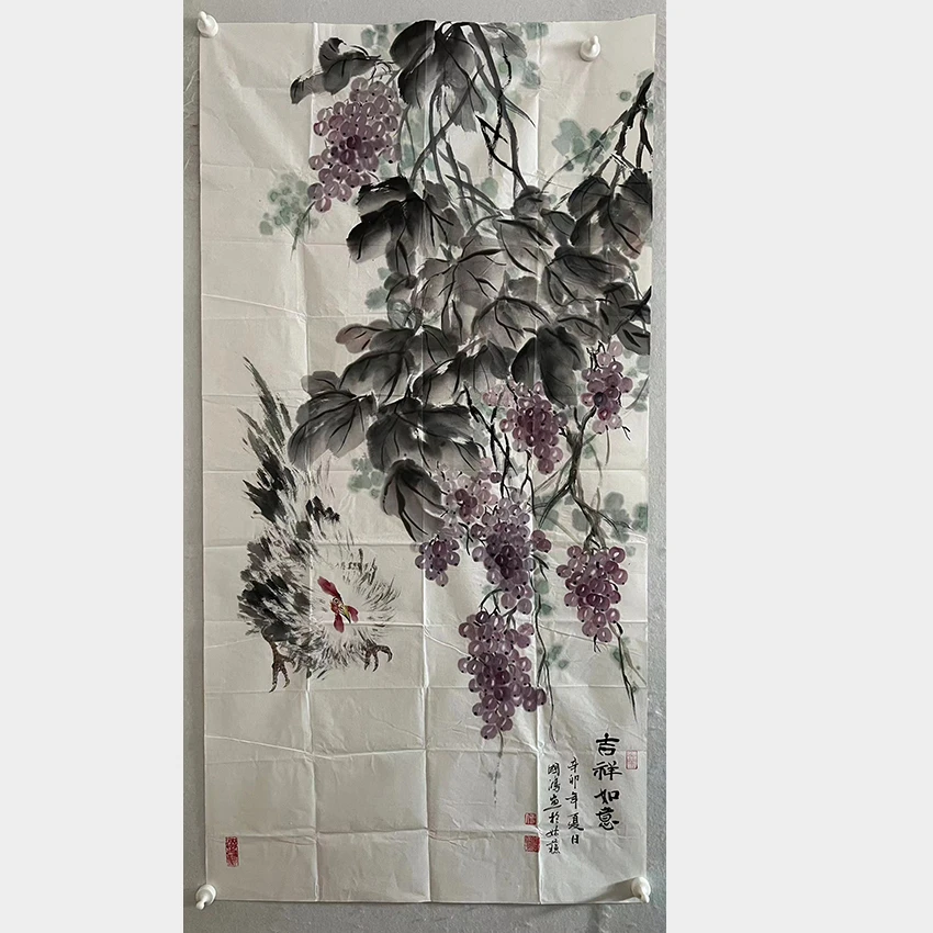 2091  纯手绘老字画《葡萄》中堂  尺寸 137×68