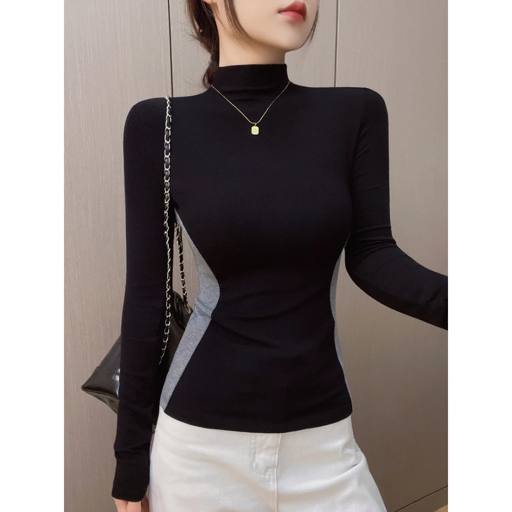 半高领螺纹长袖打底衫女内搭秋冬新款高级感撞色设计小众显瘦上衣