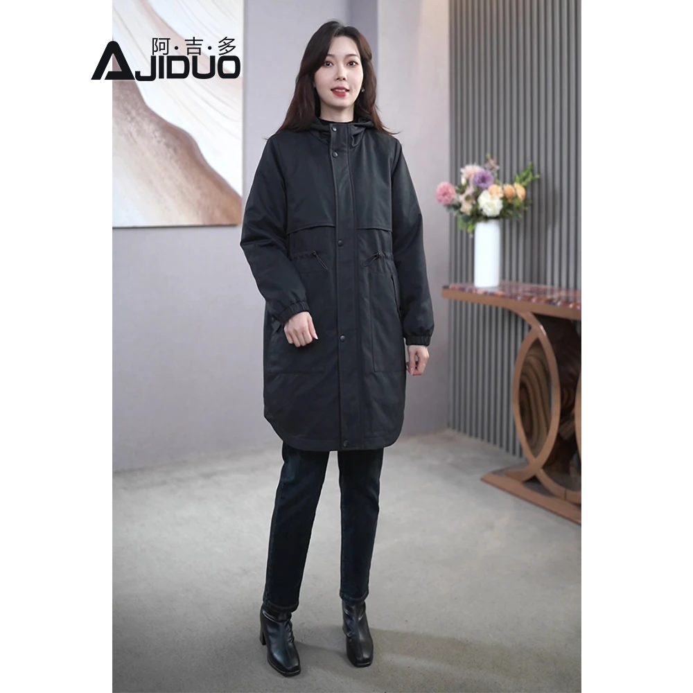 阿吉多A32932休闲黑色派克服外套女秋冬新款中长款宽松连帽棉衣