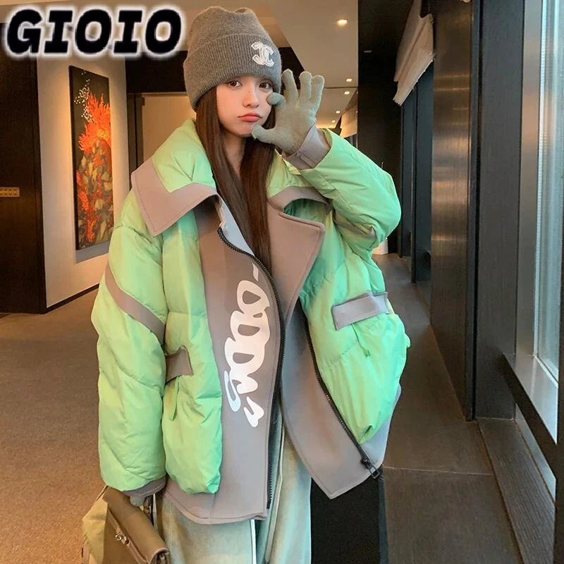GIOIO撞色绿色加厚女冬季2025外套新款白鸭绒设计感羽绒服拼接翻