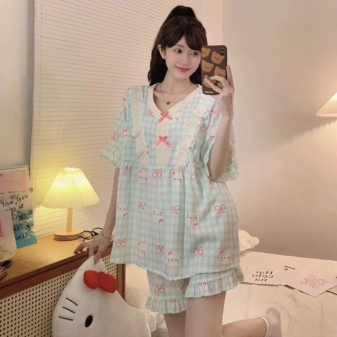 【饭饭专属】加肥加大260斤胖MM睡衣夏季云朵棉短袖短裤V领套装