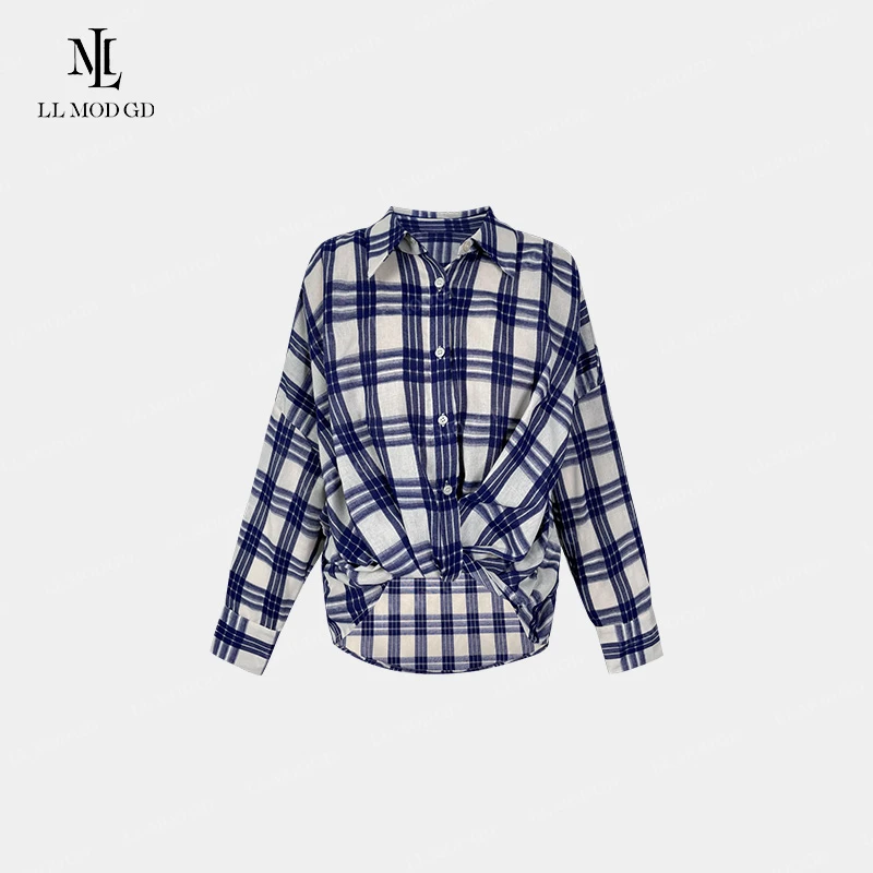 松弛格调 前襟扭结格子长袖衬衫文艺知性时尚别致上衣YLXR-260997
