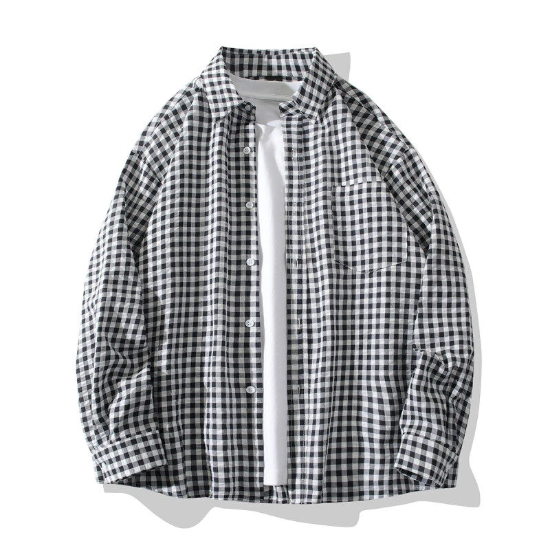 春夏百搭休闲格子衬衫男士港风潮流情侣外套韩版宽松棉质长袖衬衣