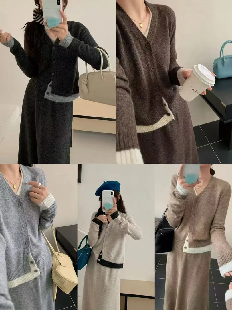 早秋穿搭一整套韩剧女主高级气质复古假两件针织开衫半身裙两件套