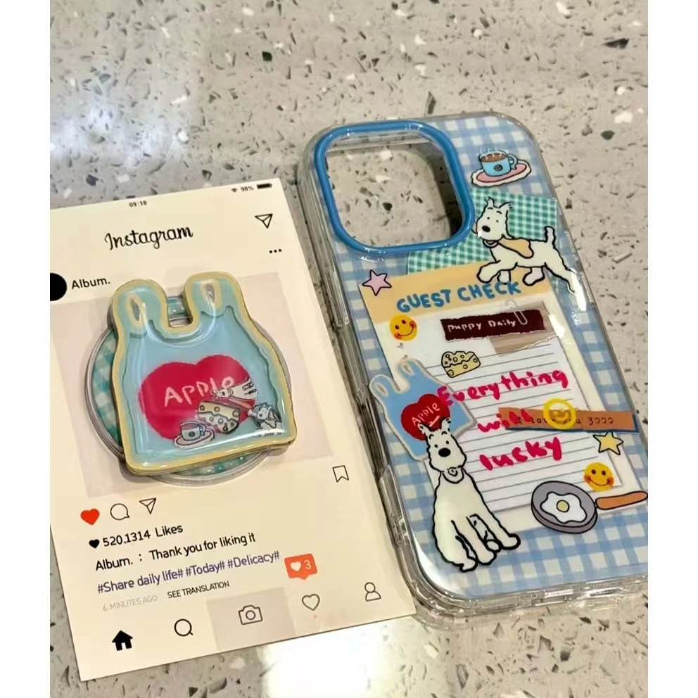 蓝色格纹小狗适用苹果13/15/16promax女壳VIVO华为OPPO小米15女壳