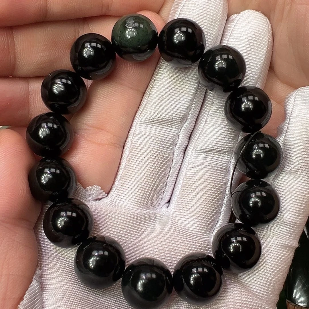 和田玉未镶嵌手串青海西瓜皮黑青近一细爆油14mm（自开料）