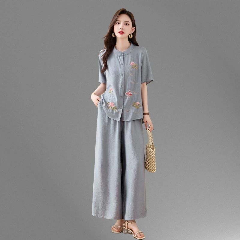 轻国风刺绣时尚套装2025夏季大码女装宽松显瘦妈妈装天丝麻两件套