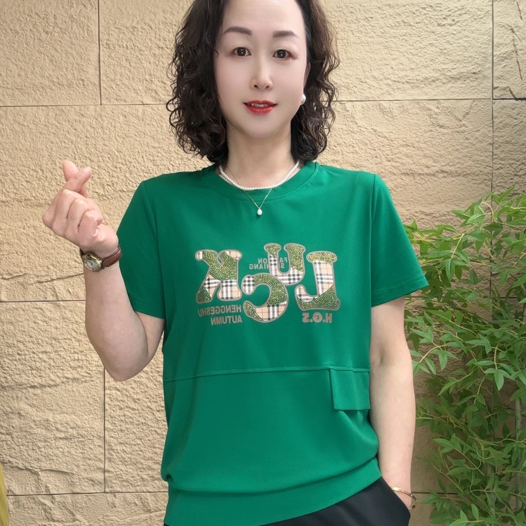 夏季新款中老年妈妈装时尚洋气宽松减龄大码显瘦字母圆领短袖上衣