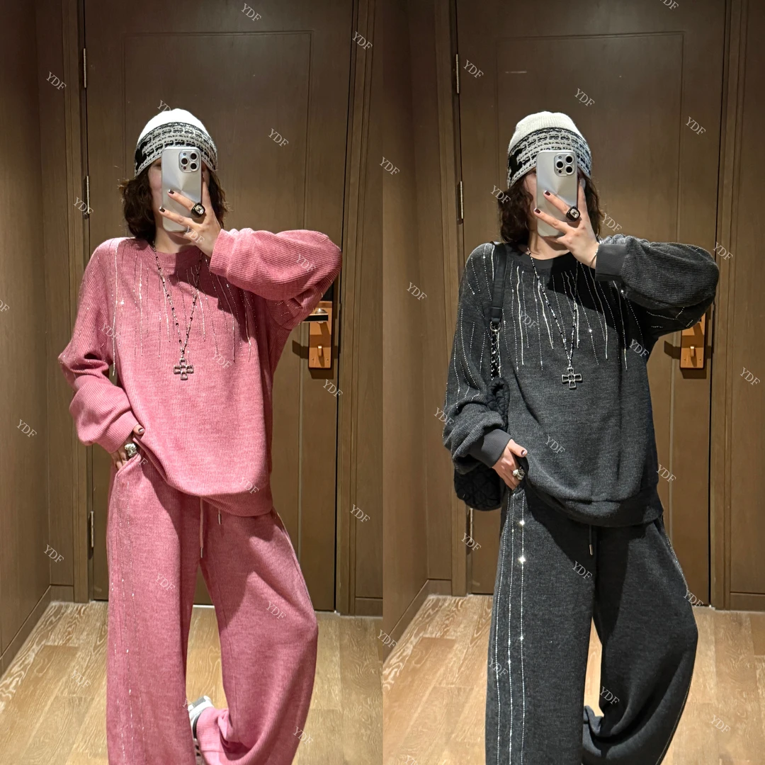 YDFSTUDIO【柔美星辰】欧货高品早秋烫钻拼接设计上衣+裤子套装