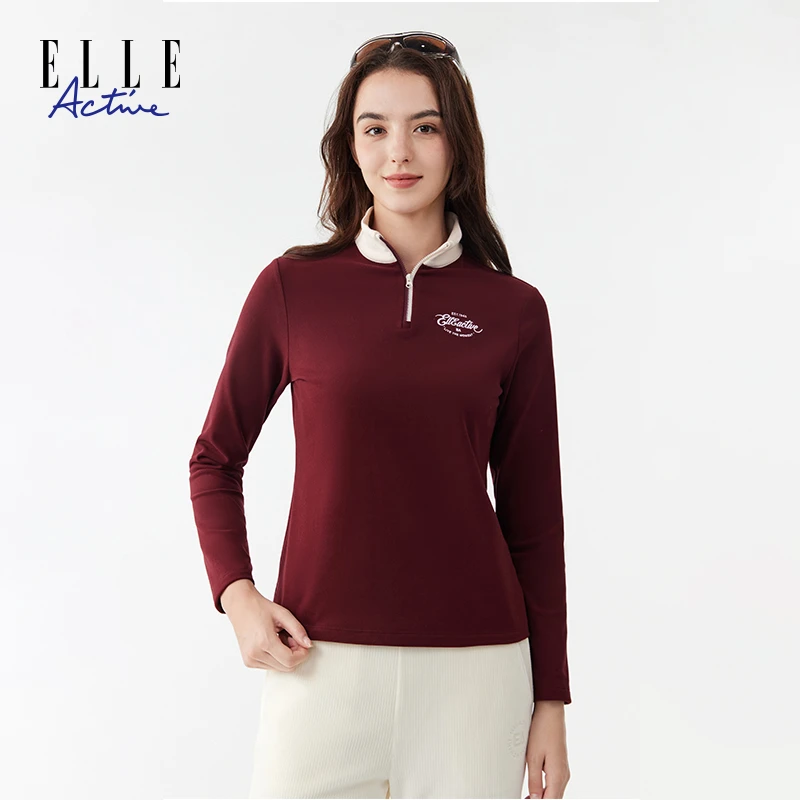 ELLE Active【糯感绒】针织立领长袖T恤女士休闲半拉链上衣复古秋装