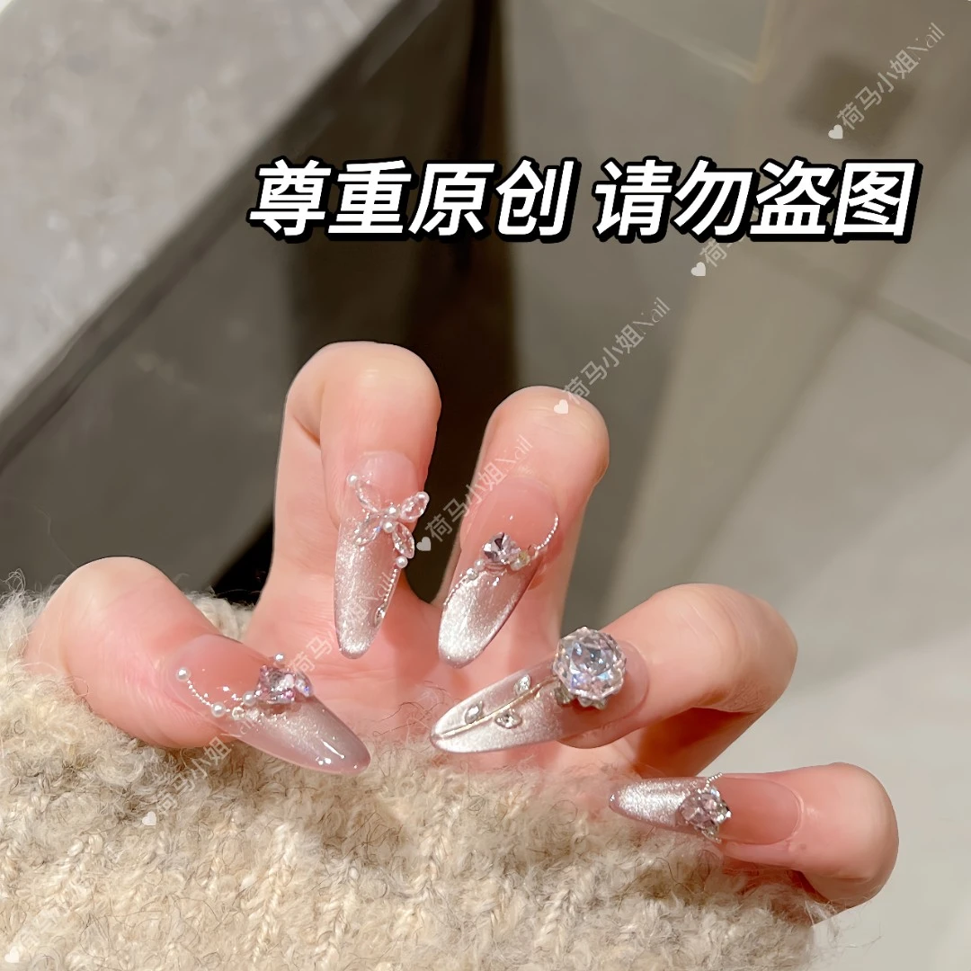 【玫瑰之约】纯手工穿戴甲光疗甲美甲贴片猫眼春季可拆卸10片装