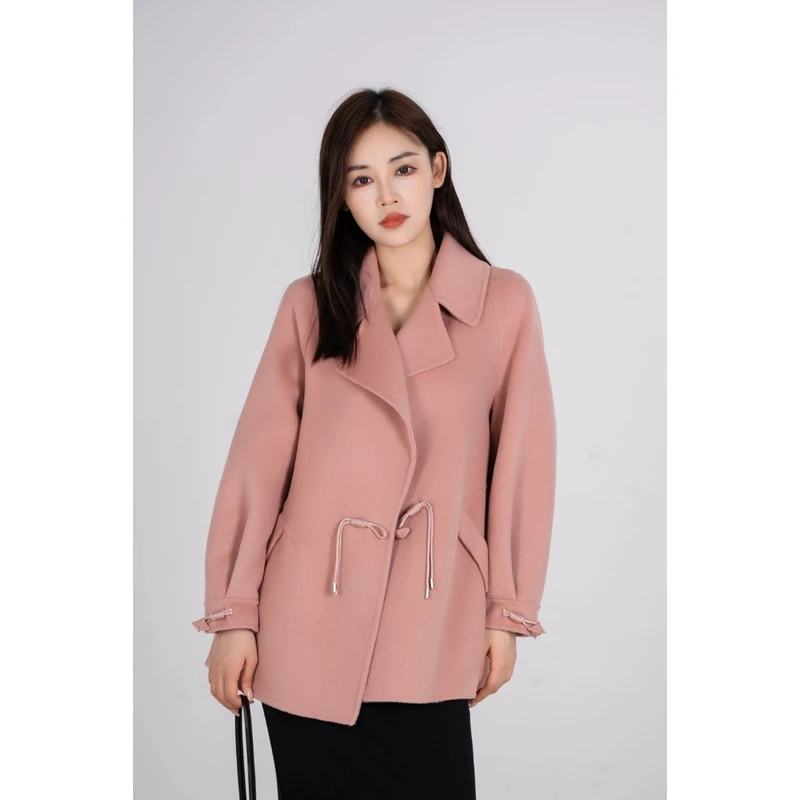 国风扣小翻领气质百搭休闲女士小个子秋冬双面羊毛大衣