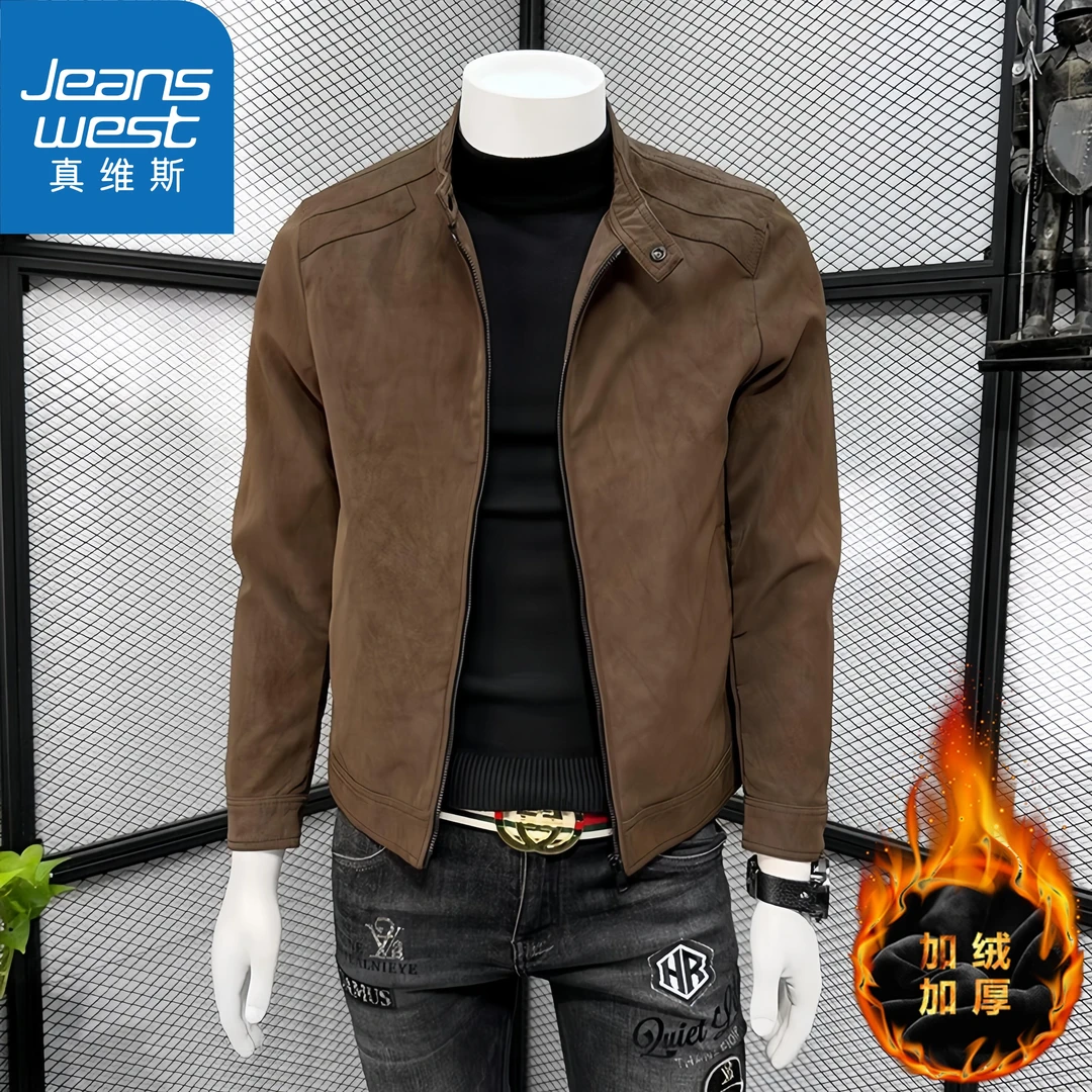 真维斯Jeanswest复古加绒皮衣男士春秋季新款商务休闲皮夹克外套