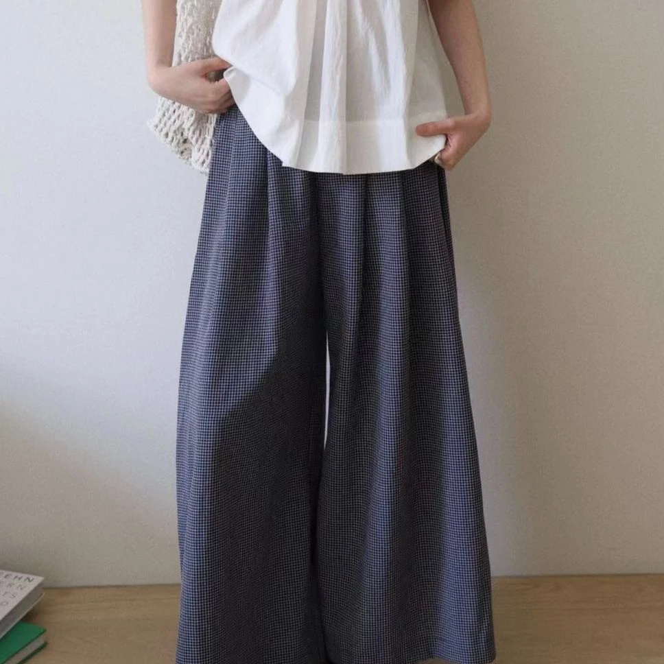 N6362#超好搭的~格子肌理感垂坠阔腿直筒休闲裤