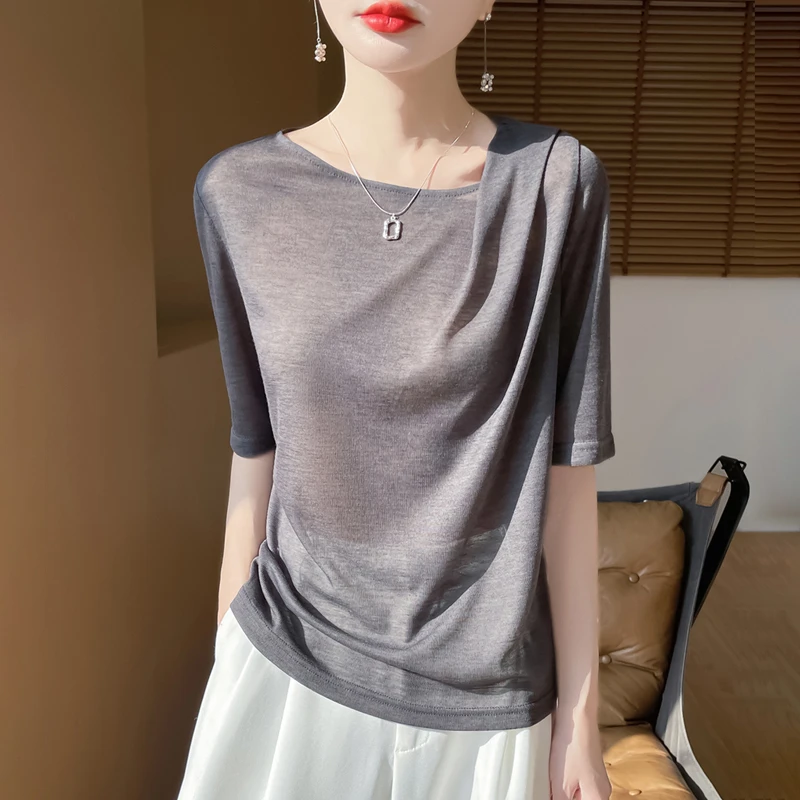 时尚气质褶皱短袖高档时髦女款T恤百搭宽松上衣.QM-M24.QM乔