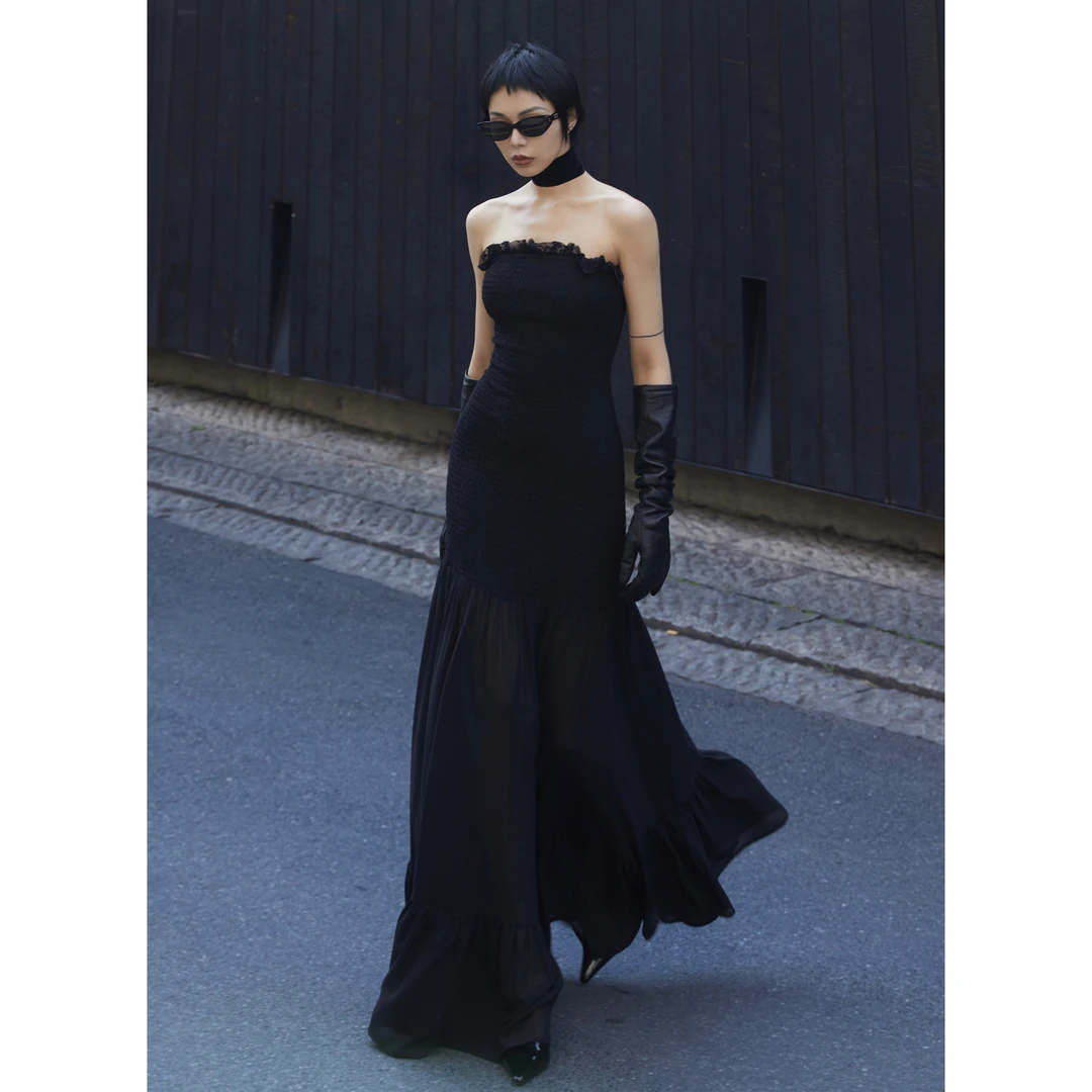 【Guan.R观耳】[反派] 原创新款 高密打揽 收腰吊带抹胸连衣裙 黑