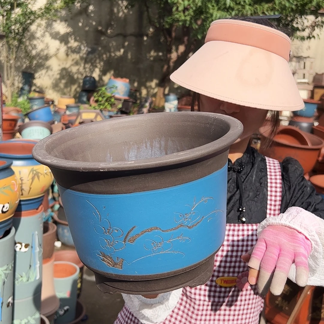 蓝刻绘金钟大花盆花盆