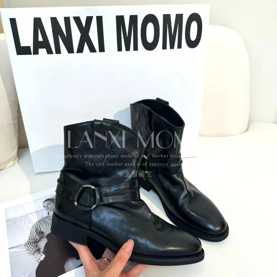 【LANXI  MOMO】时尚百搭女士黑色秋冬牛仔气质尖头短靴25XZ708LX