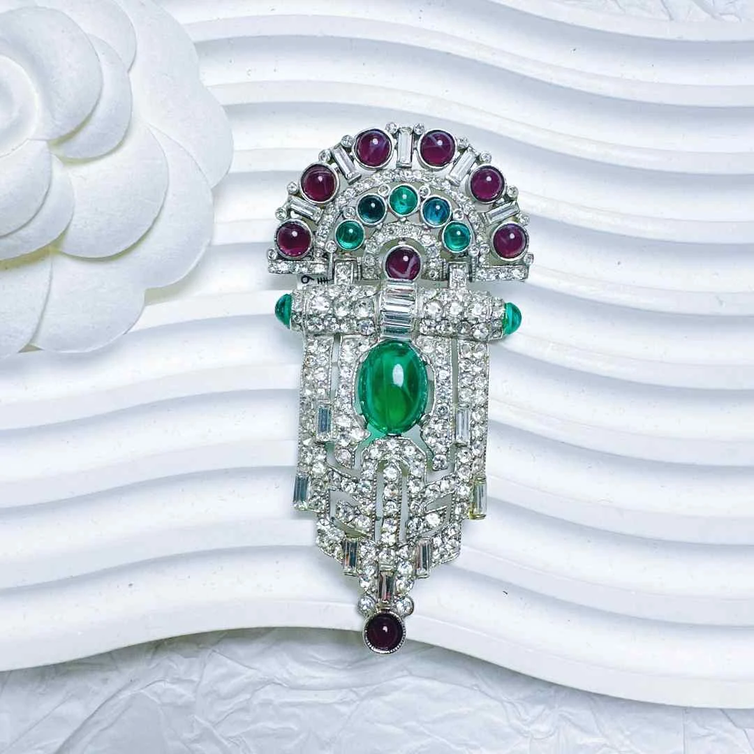 95新  柚礼中古/拜雅曼绿紫琉璃莱茵石胸针LZ409807