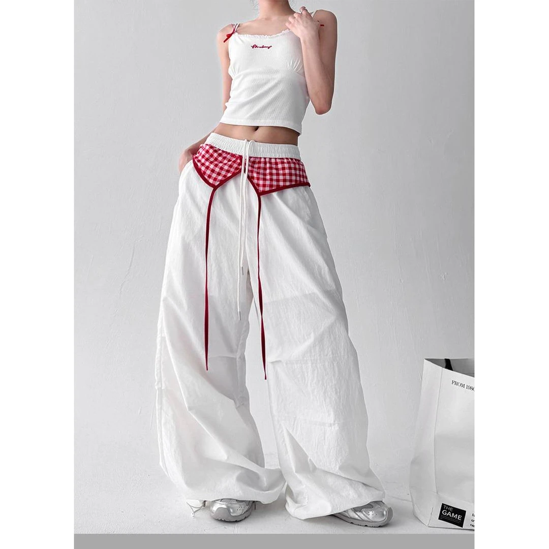 原创拼接格子休闲裤薄款女阔腿裤设计感宽松拖地裤子伞兵裤婆婆dj