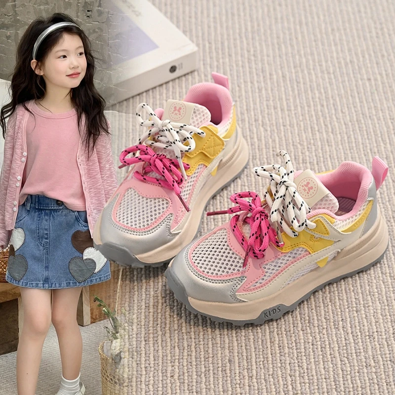 ABC女童运动鞋2025春夏季新款小女孩时尚休闲鞋学生网面透气单鞋