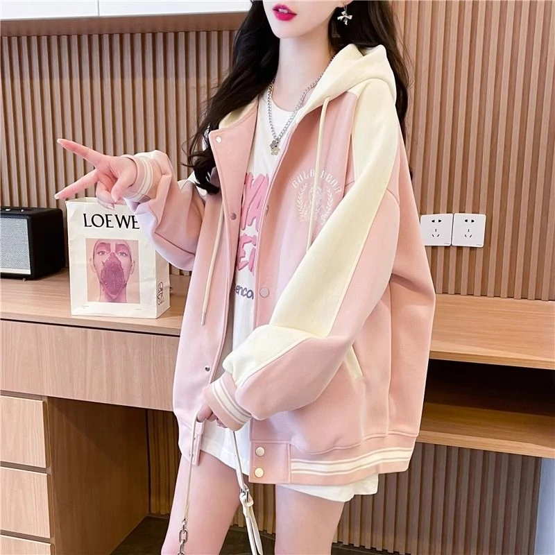 连帽女薄款秋季韩版新款卫衣春秋休闲女装牛仔风女士女款粉色外套