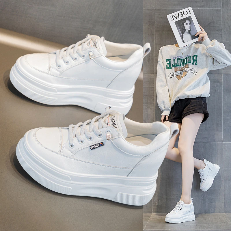 万达撤柜头层牛皮春秋新款厚底坡跟10厘米跟高内增高休闲小白鞋女