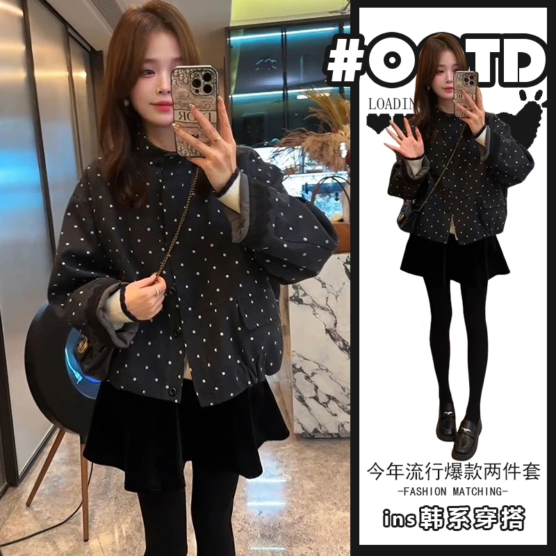 减龄搭配一整套女2025秋冬波点花边外套黑色显瘦半身裙两件套