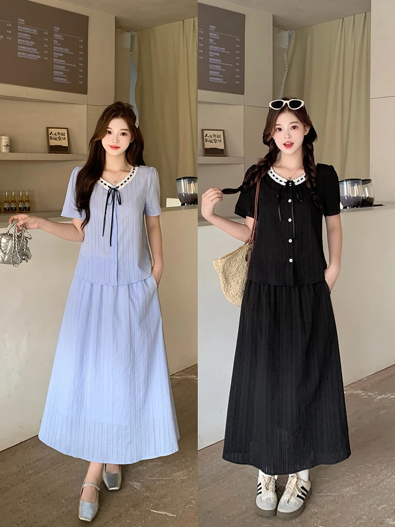 2025夏装新款胖mm大码甜美蝴蝶结小衫半身裙套装老钱风松弛感女装