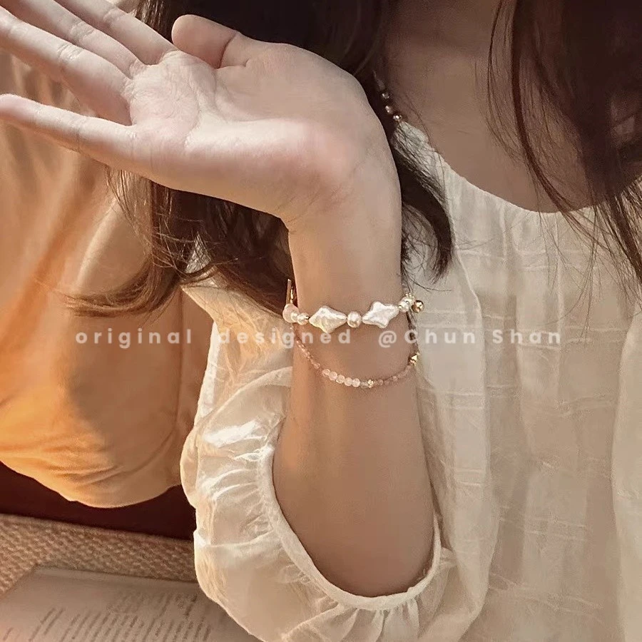 钛钢手链 【白星星】法式巴洛克双层手链女时尚气质不规则异珠手饰