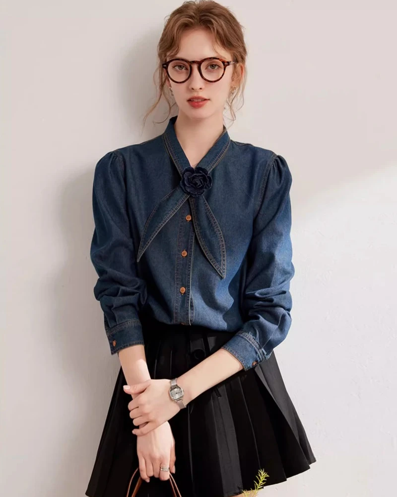 复古减龄花朵牛仔衬衫女2025春秋季新款时髦长袖休闲女士上衣内搭