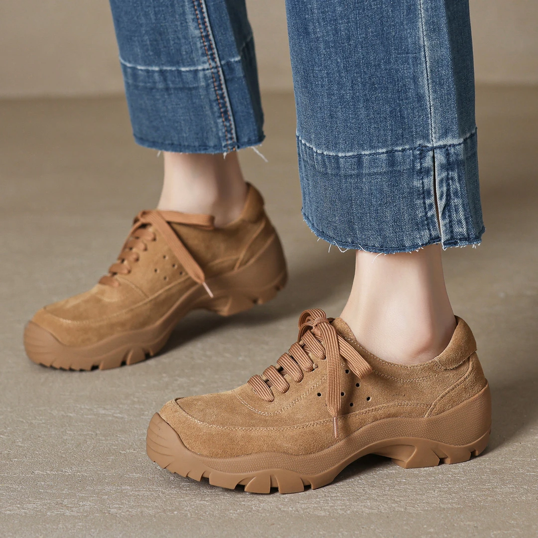 修悦~大码鞋牛翻皮德训鞋女4.5cm厚底防滑休闲鞋老爹鞋真皮深口鞋