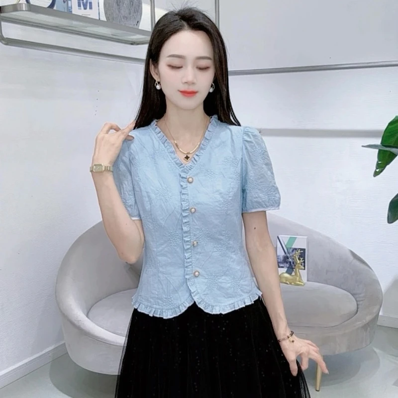 A8355夏季新款法式短袖衬衫洋气遮肉显瘦减龄上衣