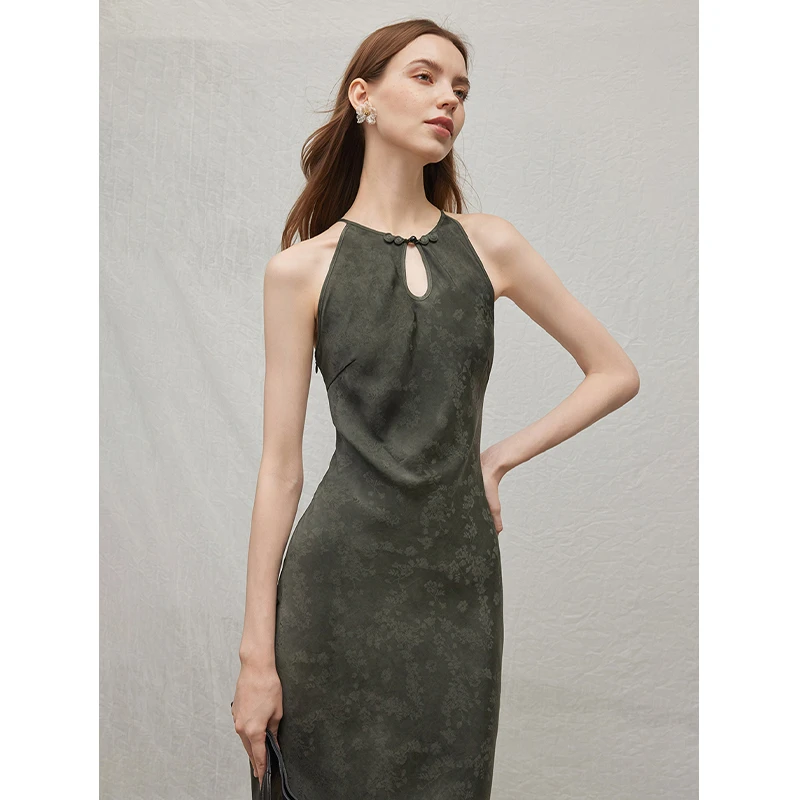 Mix Selection｜江月夜 新中式削肩提花修身挂脖连衣裙MSBJQ0600