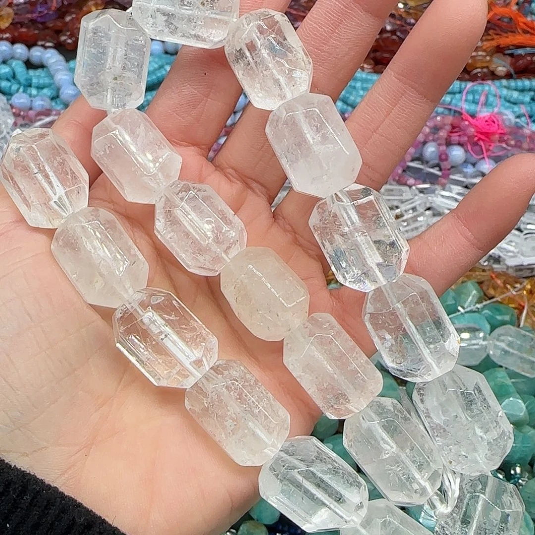 玛瑙/玉髓珠宝半成品合金白水晶14-20mm切面一条