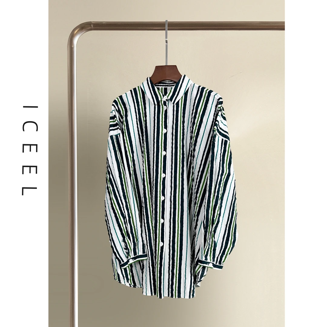 原创时髦条纹衬衫女春季新款设计感小众复古休闲宽松开衫上衣外套