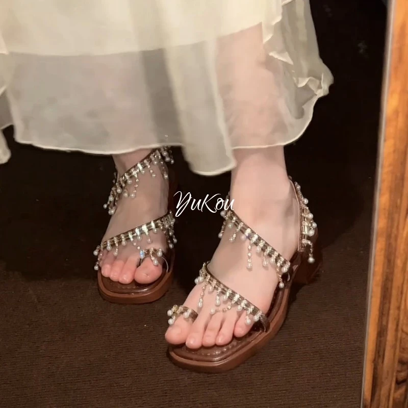 凉鞋女款2025新款夏季粗跟夹趾波西米亚风鞋子百搭高级感配裙子